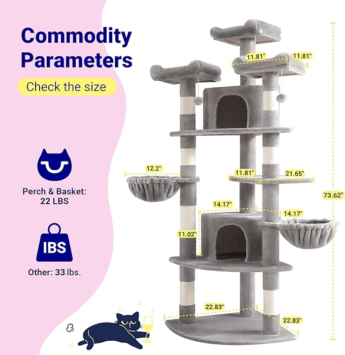 Allewie 73in Fan-Shaped Space-Saving Corner Cat Tower/Multi-Level Tall Cat Tree for Indoor Kitties/Cozy Baskets/Condos/House/Perches/Sisal Scratching Posts/Pet Activity Center/Grey