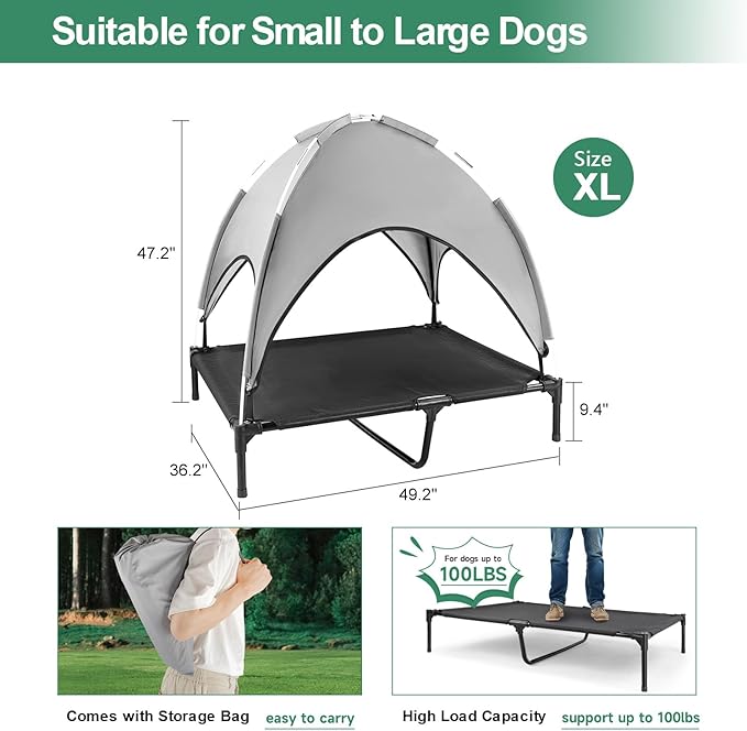 Elevated Outdoor Dog Bed with Canopy, Raised Dog Cot with Shade, Waterproof Dog Tent for Medium Large Dogs Portable Cooling Pet Bed with Breathable Mesh for Camping Beach, XL