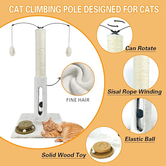 31" Cat Scratching Post Kitten Toys for Indoor Cats Interactive Scratcher with Tracking Ball, Sisal Scratch Rope for Large Cats,Sturdy Base Cat Scratch Post, (Beige, 31" H)