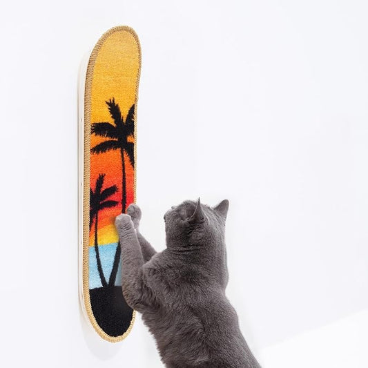 Wall Mounted Cat Scratching Board Skateboard Style (24"x6") - Reusable Wooden Board + Replaceable Cat Scratcher Map with Mounted Setup