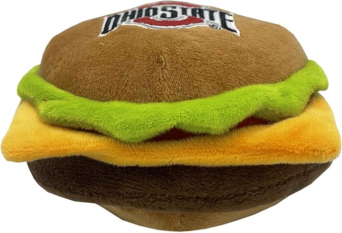 NCAA Ohio State Buckeyes Cheeseburger Plush Dog & CAT Squeak Toy- Cutest Stadium Hamburger Snack Plush Toy for Dogs & Cats with Inner Squeaker & Beautiful Football/Basketball Team Name/Logo