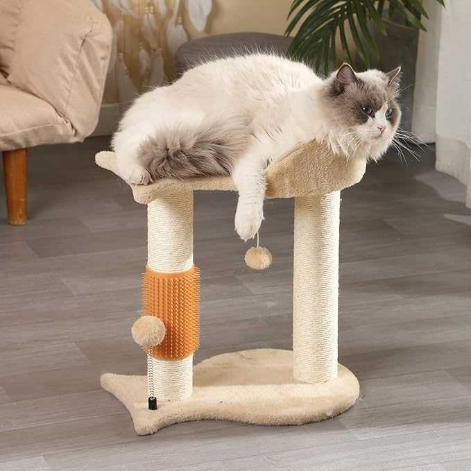 5-in-1 Cat Tree Tower Multifunction Cat Scratching Post Featuring with Fish-Shaped Rest Platform Cat Self Groomer Danging Ball Spring Ball, Ideal for Indoor Cats or Kittens - Cream