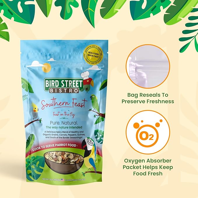 Parrot Parakeet Cockatiel Food - Bird Food - Cooks in 3-15 min with Natural & Organic Grains - Legumes - Non-GMO Fruits, Vegetables, & Health Orientated Spices (4.00 Pound (Pack of 1), Southern Feast)