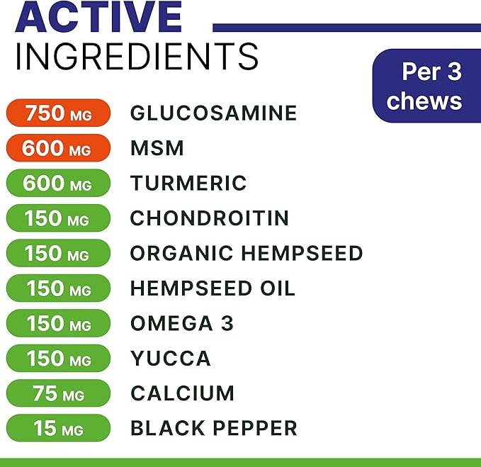 Advanced Hemp Hip & Joint Supplement for Dogs - Glucosamine for Dogs - Dog Joint Pain Relief Treats - Chondroitin Turmeric MSM Hemp Oil - Hemp Treats for Joint Health - Senior Mobility Support Chew