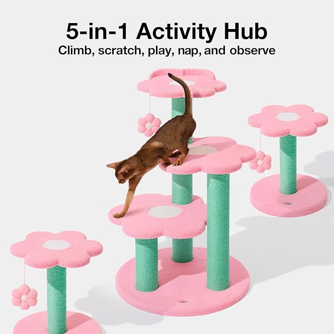 VETRESKA 18" Flora Cat Tree, Sisal Scratching Posts with Hanging Blossom Toy, Indoor Cats Furniture Activity Center for Cats Kittens, Pink