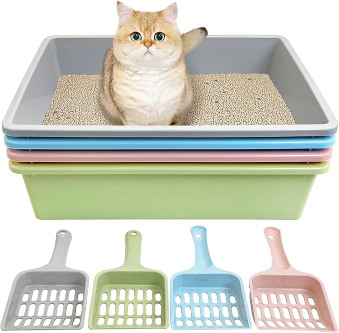 Kathson 4PCS Medium Open Cat Litter Box with Scoop, Durable Non-Stick Plastic Litter Pan for Cats, Puppies, Bunnies, and Small Animals, 15 x 11 x 4 Inches
