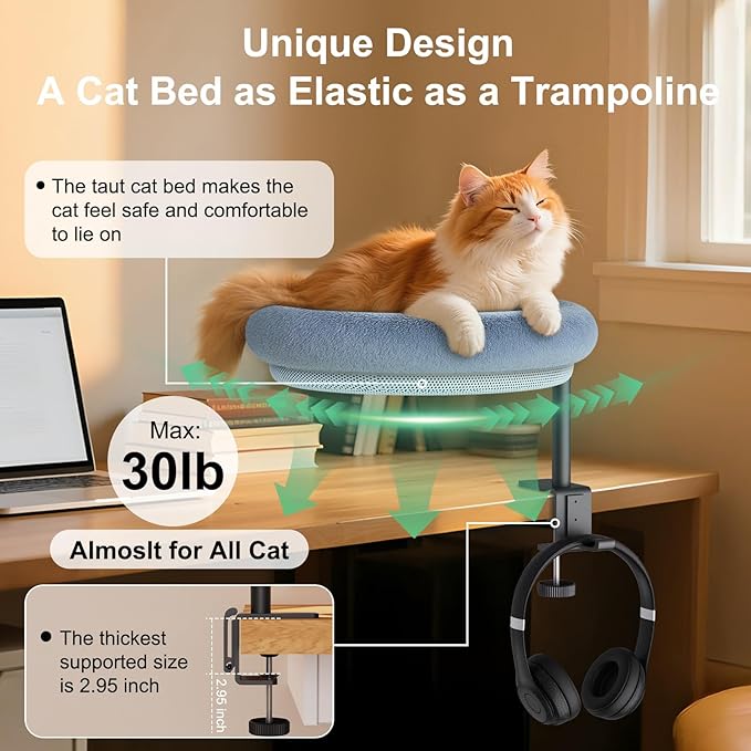 Cat Desk Bed, 360-Degree Rotating Hammock Perch, Cat Bed with Height Adjustable, Machine Washable, Gray