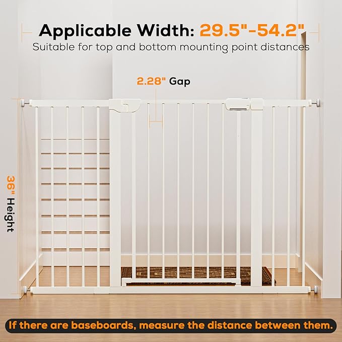 29.5-54.2" Baby Gate for Stairs, Pressure Mounted Dog Gate Indoor, Auto Close Pet Gate for Doorways No Drilling, Easy Install Baby Essentials with Large Walk Thru Door, White