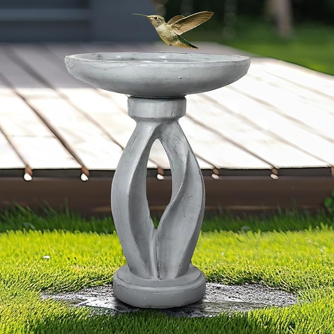 SunJet 21.8inch High Concrete Bird Bath, Freestanding Birdbaths & Birdfeeder - Stylish Outdoor Bird Baths Feeding Bowl for Outdoors Garden Patio Yard Lawn Decor