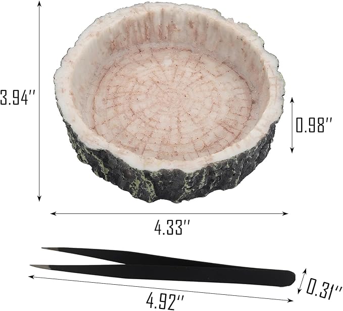 IBWell 2pcs Reptile Water Bowl with Feeding Tweezers - Reptile Food Dish for Lizard, Snake, Tortoise & Small Animals - Wooden Tree Stump