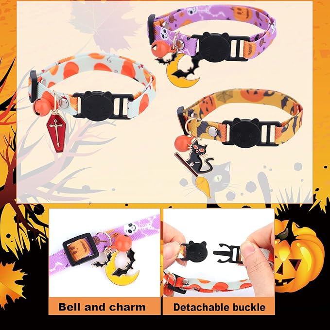 3pcs Halloween Cat Collars with Bells, Polyester Adjustable Breakaway Festive Kitten Puppy Collars Playful Holiday Accessories for Small Dog Kitty Pets (Black Cat, Bat, Cross Pattern)