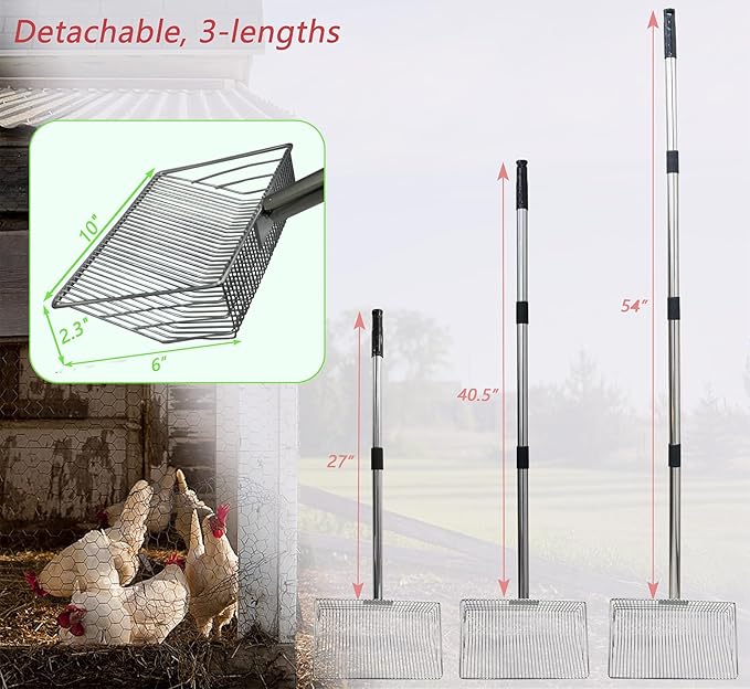 10inch Metal Chicken Poop Scooper with 54-Inch Long Handle for Coop Cleaning
