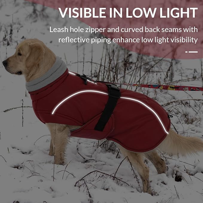 Queenmore XL Dog Coat, Winter Dog Jacket for Large Dogs, Waterproof Puffy Dog Snowsuit, Adjustable Reflective Fleece Lining Warm Padding Parka for Cold Weather, Red XL