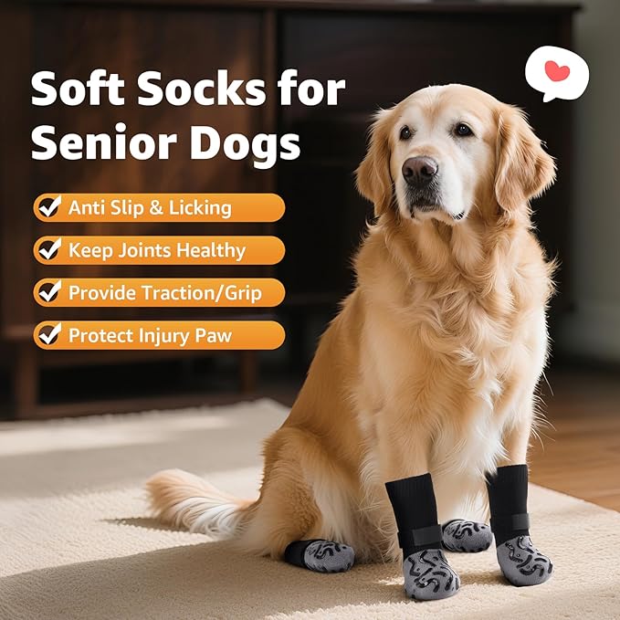Double Sides Non-Slip Dog Socks to Prevent Licking Paws - Strong Traction for Hardwood Floors, Senior Dogs, Paw Protector, Dog Socks with Grippers Black