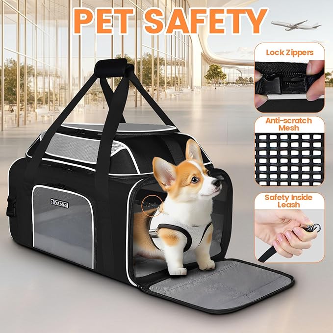 Petskd Top-Expandable Pet Carrier 19x13x9 Inches Southwest Allegiant Airlines Approved, Soft-Sided Carrier for Small Dog Under 12 lbs and Large Cat Under 15 lbs(Black)