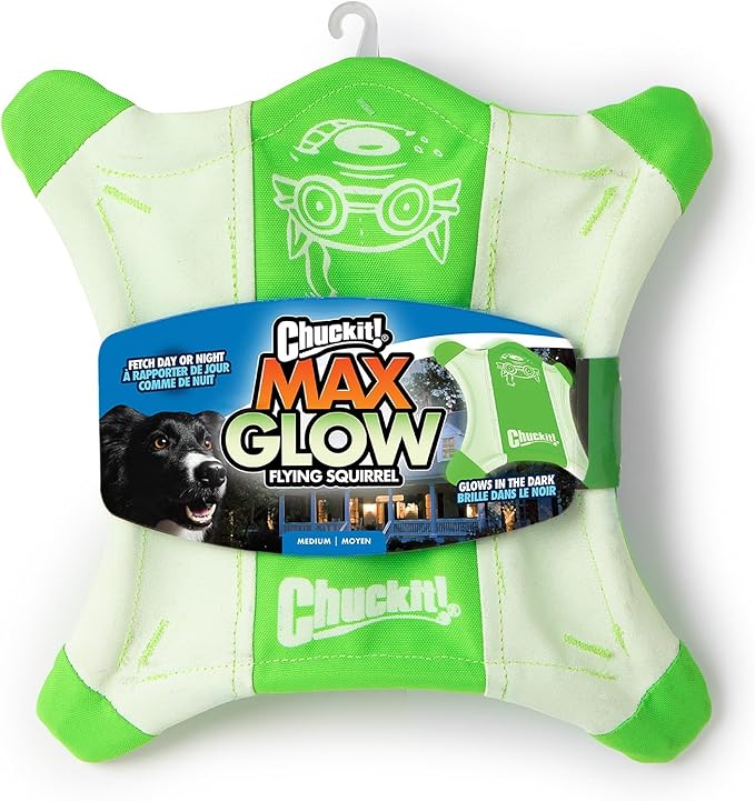 Chuckit! Flying Glow Squirrel Fetch Dog Toy, (10.5 Inch Length), Glow in The Dark Dog Toy, Pack of 1, Size Medium, for All Breeds and Sizes