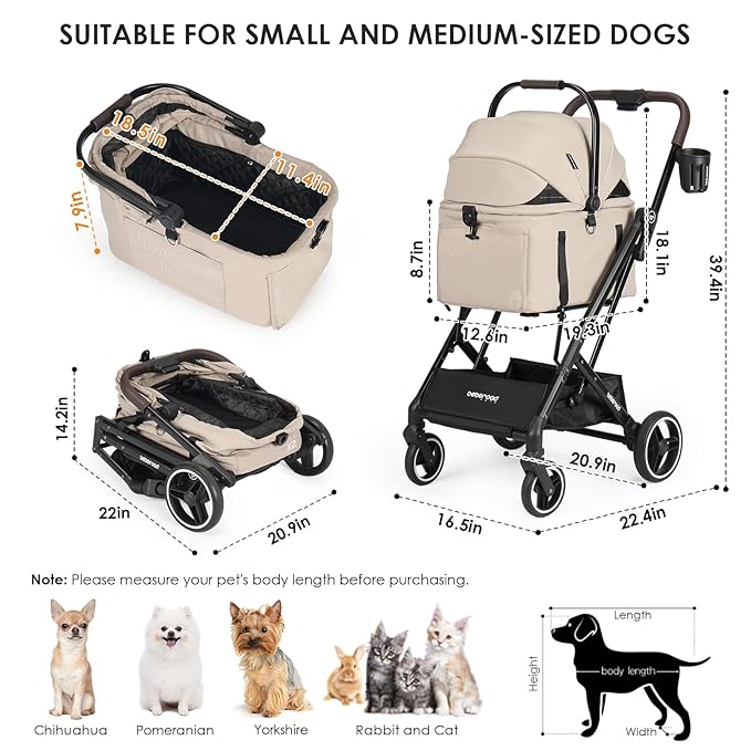 X2 Pet Stroller, Dog Cat Stroller for Small Pets Under 44lbs, Equipped with Detachable & Foldable Carrier, Waterproof Pad & Sunshade Canopy,Camel (Camel)