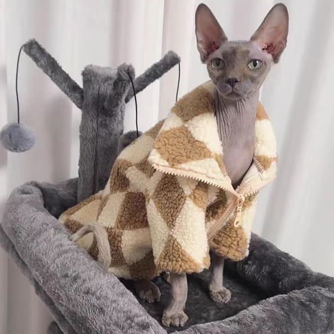 Turtleneck Sphynx Cat Winter Clothes, Double-Sided Fleece Jacket with Zipper, Sweater for Sphynx Cat Winter Warm Outfit Coat for Hairless Cats and Small Dogs Apparel with Sleeves (Diamond, X-Large)