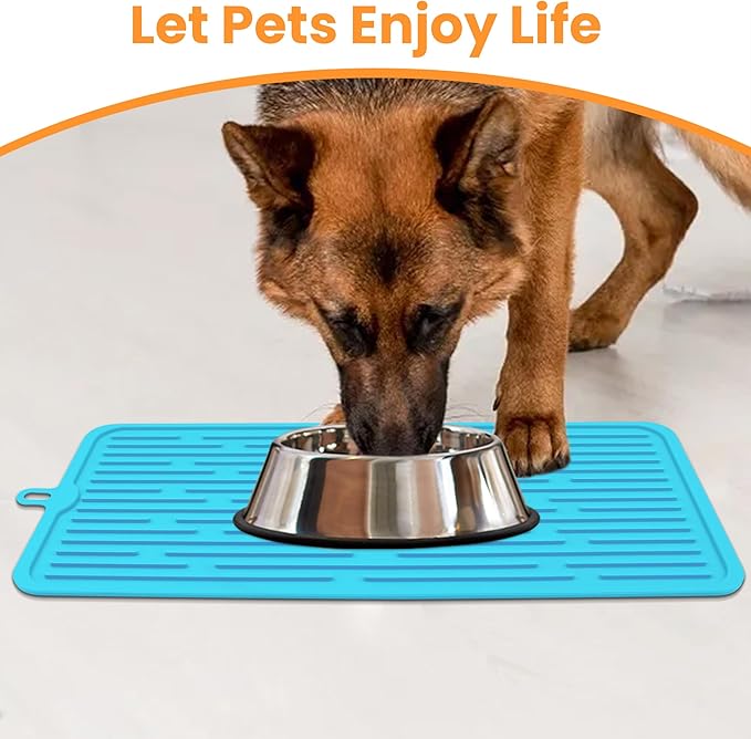 Ptlom Pet Placemat for Dog and Cat, Anti-Slip Waterproof Dogs Feeding Mat Prevent Food and Water Overflow, Bowl Mats Suitable for Medium and Small Pets, Blue, Silicone