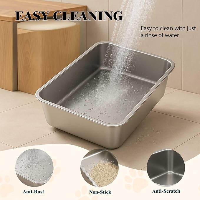 FELIO Stainless Steel Cat Litter Box - XL Metal High Sided Cat Pan, 23.6" L×15.7" W×7.9" H, Splash-Proof and Non-Stick Cats Poop Box odorless, Easy to Clean for Big Cats, Rabbit, Dog, Ferret
