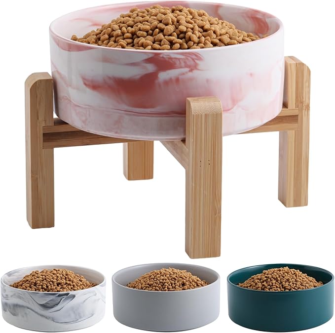 Elevated/Raised Dog Bowl Ceramic for Small Medium Sized Breed,Dog Food Water Bowl with Stand,6 in 3.6 Cups Non Slip Heavy Weighted Dog Dish Marble Pink