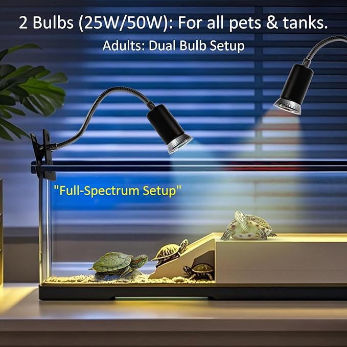 Reptile Heat Lamp with UVA/UVB - 25W & 50W Bulb Kit, 3-Speed Cycle Timer & Adjustable Stand for Turtles/Tortoises/Lizards
