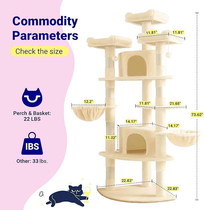 Allewie 73in Fan-Shaped Space-Saving Corner Cat Tower/Multi-Level Tall Cat Tree for Indoor Kitties/Cozy Baskets/Condos/House/Perches/Sisal Scratching Posts/Pet Activity Center/Beige