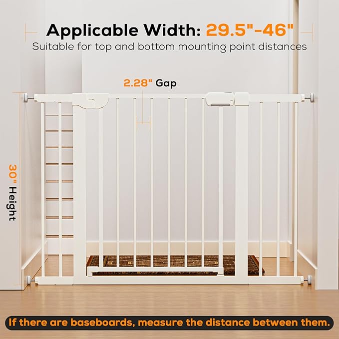 29.5-46" Baby Gate for Stairs, Pressure Mounted Dog Gate Indoor, Auto Close Pet Gate for Doorways No Drilling, Easy Install Baby Essentials with Large Walk Thru Door, White