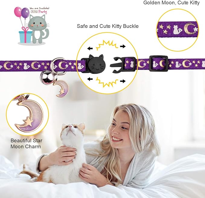 4PCS Cat Collar with Bells,Breakaway Cat Collars,Moons Stars Cute Kitty Adjustable Safe Kitten Collars Pendant Glow in The Dark,Cat Collars for Girl Cats 8.0-13.0 Inch(Black&Purple&Pink&Teal)