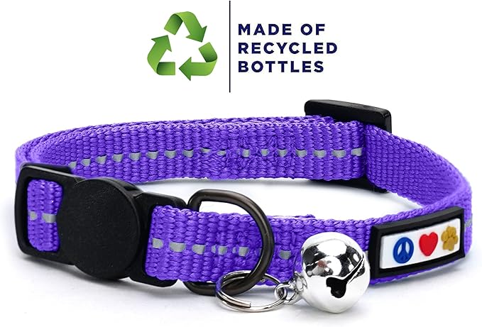 Pawtitas Recycled Cat Collar with Reflective Stitched and Safety Buckle Removable Bell Reflective Cat Breakaway Collar Made from Plastic Bottles - Purple Quartz Cat Collar.