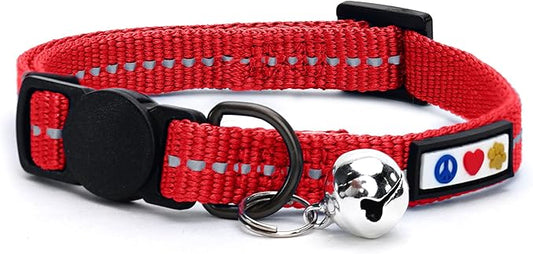 Pawtitas Recycled Cat Collar with Reflective Stitched and Safety Buckle Removable Bell Reflective Cat Breakaway Collar Made from Plastic Bottles - Red Chili Cat Collar.