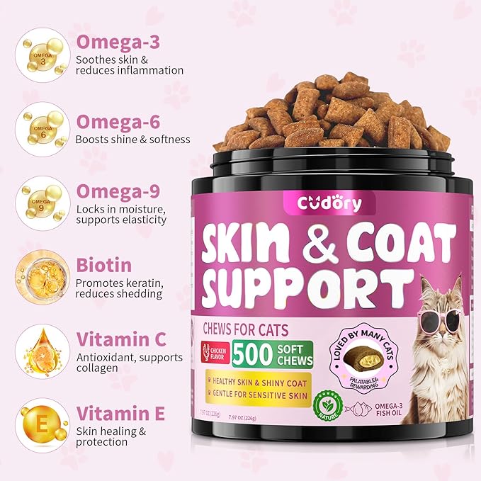 Natural Skin and Coat Support for Cats - Crunchy & Creamy Chews with Omega 3, Biotin & Vitamin E for Healthy Skin, Shiny Fur, Cat Supplements & Vitamins -Chicken(500 Chews