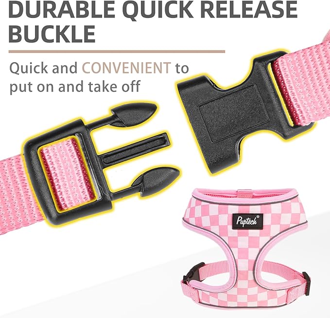 PUPTECK Soft Mesh Dog Harness and Leash Set Pet Puppy Cat Comfort Padded Vest No Pull Harnesses, Checkered Pink&White, M