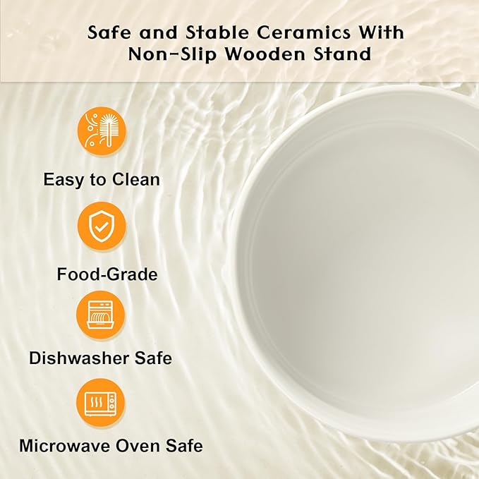 SPUNKYJUNKY Ceramic Elevated Dog Bowls 2 Pack - 5.1inch Raised Dog Bowls with Non-Slip Wooden Stand for Small Dogs Dishwasher Safe(White,13.5OZ*2)