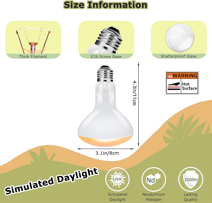 75W Reptile Heat Lamp Bulbs, 2.5 Inch UVA Amphibian Basking Spot Light for Bearded Dragon, Lizard, Tortoise & Chicks – Simulated Sunlight, Daylight Bulb for Aquariums and Tanks | 2 Pack