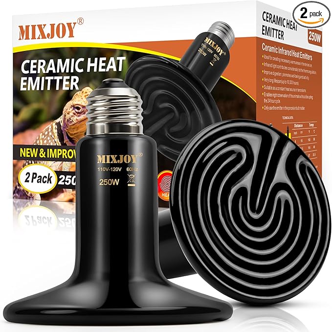 MIXJOY 250W Reptile Heat Lamp 2Pack Ceramic Heat Emitters Reptile Heat Lamp Bulbs, No Light Emitting Ceramic Heat Bulbs for Amphibian Terrarium Reptile Gecko Lizard Bearded Dragon Turtle Chicken Snake