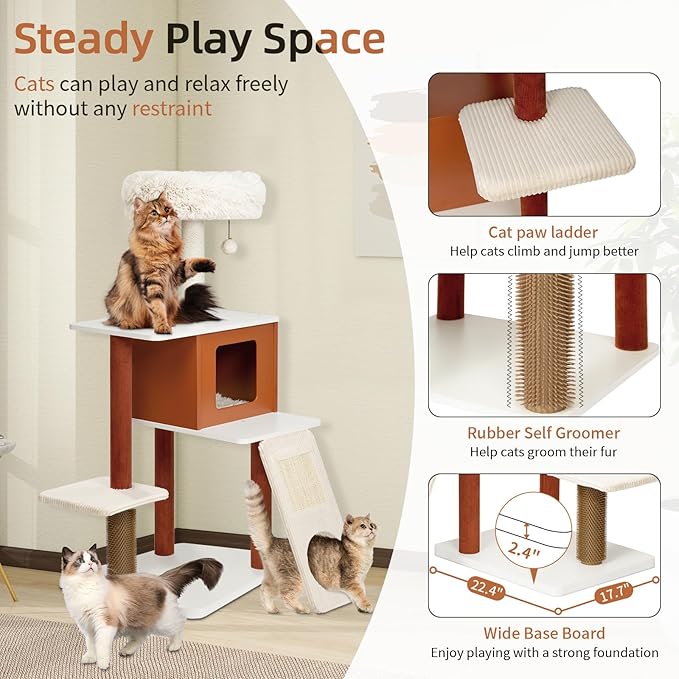 50in Modern Cat Tree with Sturdy Wood Frame - Multi-Level Indoor Activity Center with Sisal Scratching Posts, Plush Top Perch, Enclosed Condo & Hanging Toy