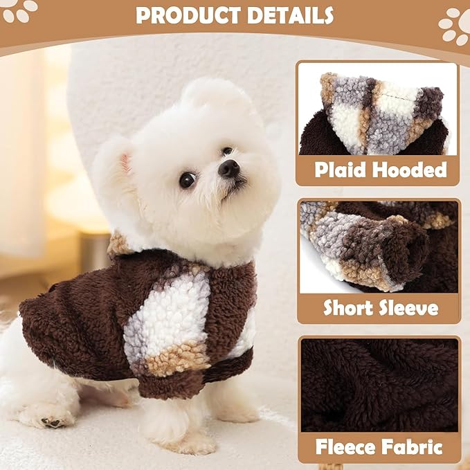 Dog Hoodie Dog Sweaters for Small Dogs Male Plaid Winter Warm Extra Small Puppy Sweater for Chihuahua Teacup Yorkie Soft Fleece Clothes Boy Tiny Outfits Pet Clothing,Brown, XS