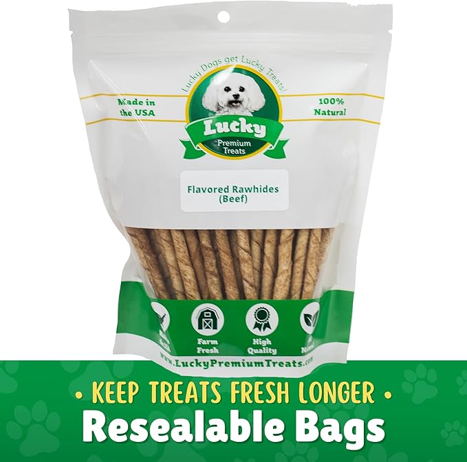 Beef Basted Rawhide Twist Sticks Dog Treats – 25ct. Premium Rawhide Chew Sticks – Long Lasting Beef Flavored Chews for Small Dogs Made in USA with Natural Beefhide