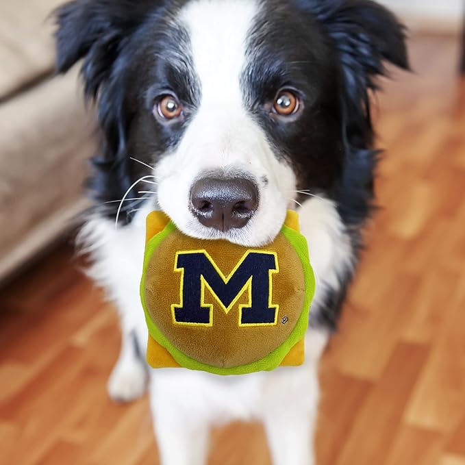 NCAA Michigan Wolverines Cheeseburger Plush Dog & CAT Squeak Toy- Cutest Stadium Hamburger Snack Plush Toy for Dogs & Cats with Inner Squeaker & Beautiful Football/Basketball Team Name/Logo