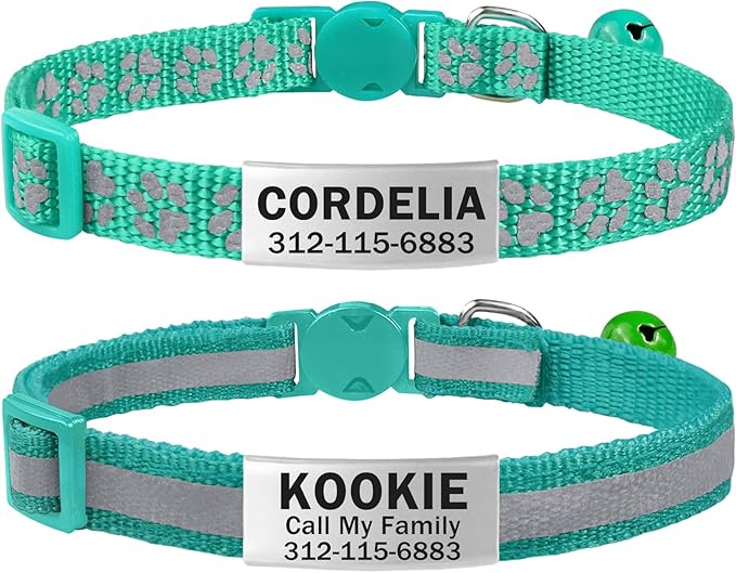 TagME 2 Pack Cat Collar with Name Tag, Personalized Reflective Cat Collar Breakaway with Bell for Boy & Girl Kitten, Turquoise