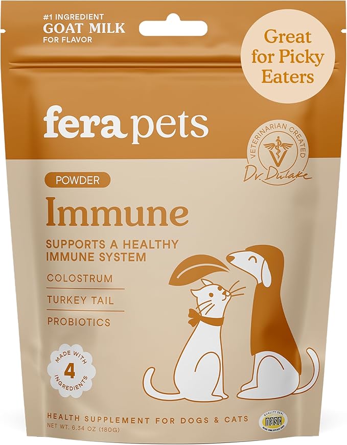 Fera Pet Organics Immune Goat Milk, Cat & Dog – Vet Created - Pet Allergy & Immunity Aid – Probiotic - Colostrum & Turkey Tail Mushroom-60 Servings
