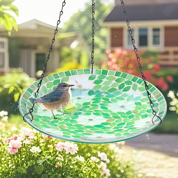 MUMTOP Mosaic Hanging Bird Bath-Bird Baths for Outdoors - 12 Inch Glass Birdbath Bird Water Bowl Bird Feeders for Outside, Garden, Lawn Yard Decor(Flower & Leaf)
