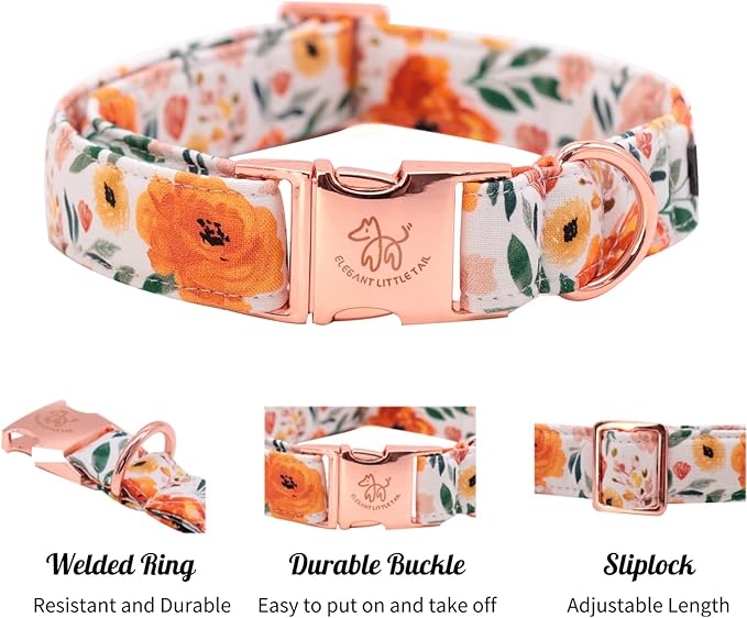 Elegant little tail Fall Dog Collar, Pet Collar Durable Orange Floral Dog Collars Male or Female Holiday Pet Gift Adjustable Dog Collar for X-Small Dogs