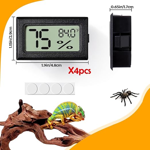 4 PCS Rectangle Reptile Thermometer and Humidity Gauge for Bearded Dragon Accessories, Reptile Tank Accessories for Jumping Spider, Leopard Gecko, Hermit Crab, Gecko, Ball Python, Lizard