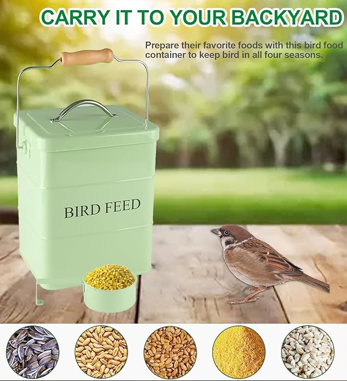 Bird Seed Storage Container Airtight,5~6LB Metal Bird Food Container with Scoop,for Storing Sunflower Seed-Ideal for Outdoor or Indoor-Squirrel Proof -Green