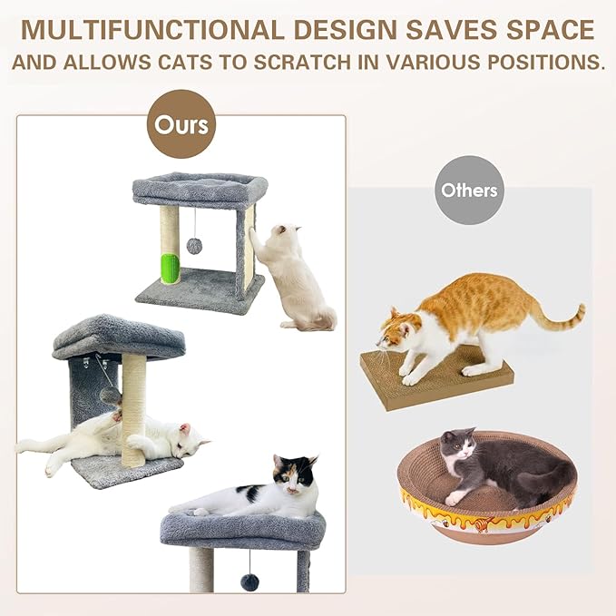 Cat Scratching Post Small Cat Tree with Cat Self Groomer, 17.3x13.4” Wide Top Bed, Natural Scratch Post and Danging Ball Great for Kittens and Average Indoor Cats-Grey