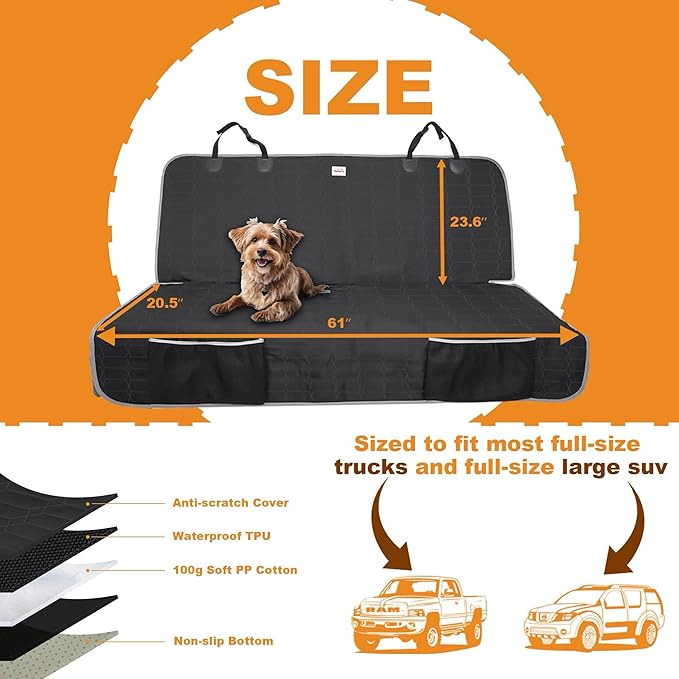 Dog Car Seat Cover for Back Seat, Car Seat Covers for Pets, Nonslip Backseat Cover Protector, Washable Bench Seat Covers for Trucks & SUV