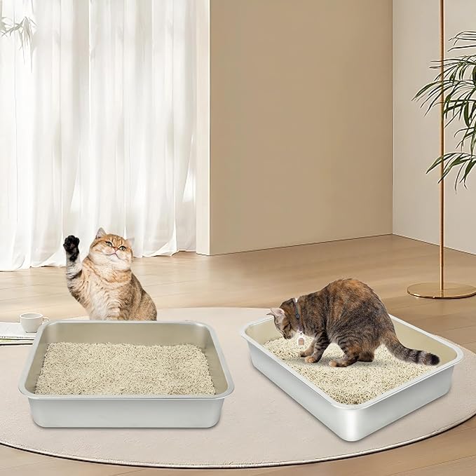 Rypet 2 Packs Stainless Steel Litter Box Metal Litter Box for Cats High Back Litter Boxes Non-Stick Cat Poop Box๏ผEasy to Clean(17.7"*13.8"*3.9")