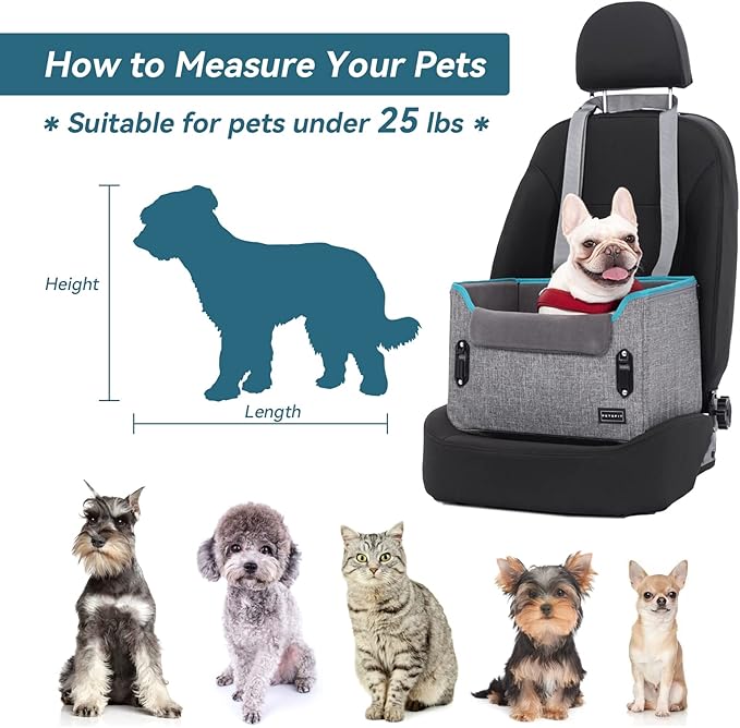 PETSFIT Dog Car Seats for Small Dogs, Patent Safety Buckles Dog Booster Car Seat, Dog Carseat with Safety Belt, Suitable for Small Pets Up to 25lbs (Grey)